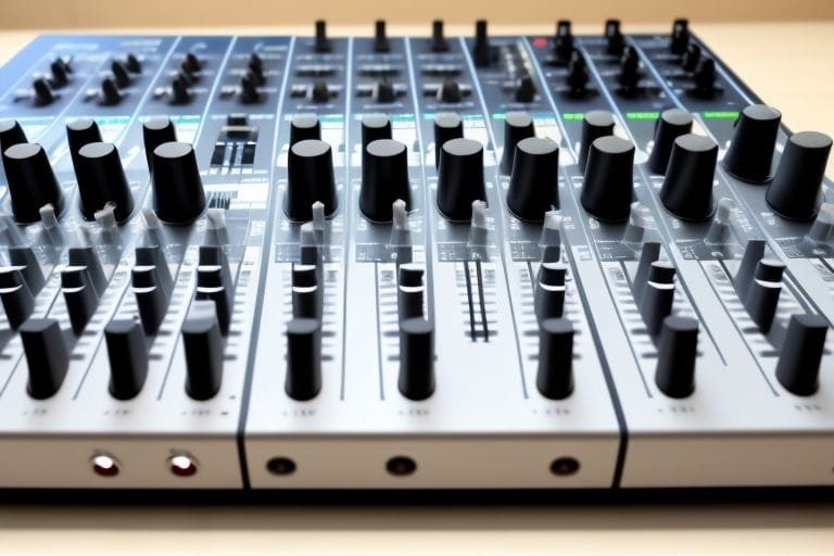 Mixer portatile su un tavolo, con cavi audio collegati e pronta per la registrazione.