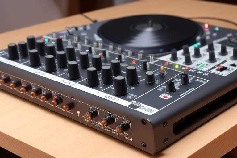 Mixer DJ con ingressi multipli e effetti integrati, ideale per performance dal vivo.